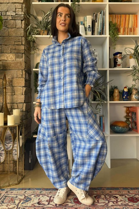 Patrick Plaid Brushed Cotton Edwardian Blouse Soft Cobalt